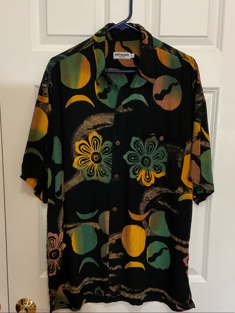 Mid Century Floral Button-Down Shirt - Black with Green & Yellow